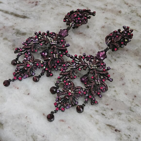 VINTAGE STATEMENT JOSE & MARIA BARRERA CRYSTAL CHANDELIER  RARE STATEMENT JOSE MARIA BARRERA RED PURPLE CRYSTAL EVENING CHANDELIER EARRINGS